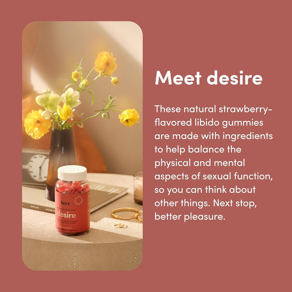Hers Desire gummies closeup-texture shows fruity strawberry flavor and appealing texture.