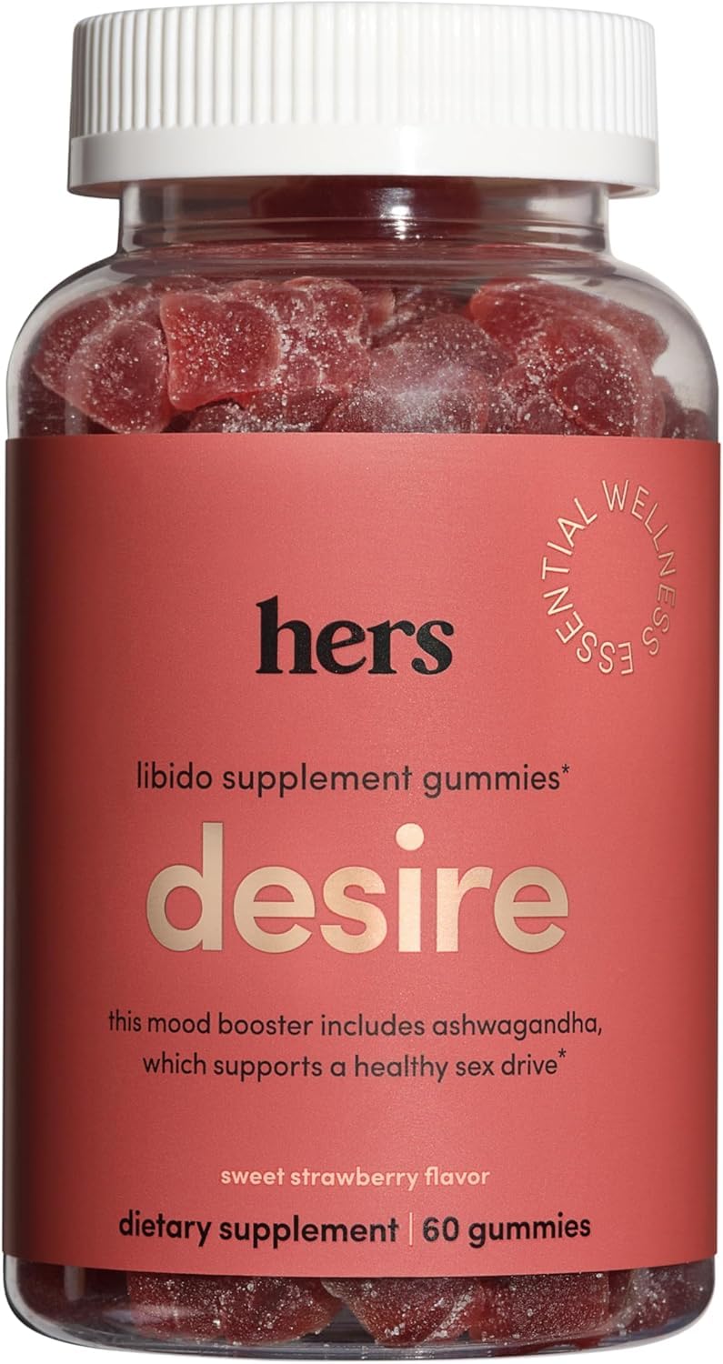 Hers Desire gummies packshot highlights vegan, gluten-free formula for everyday balance.