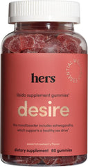 Hers Desire gummies packshot highlights vegan, gluten-free formula for everyday balance.