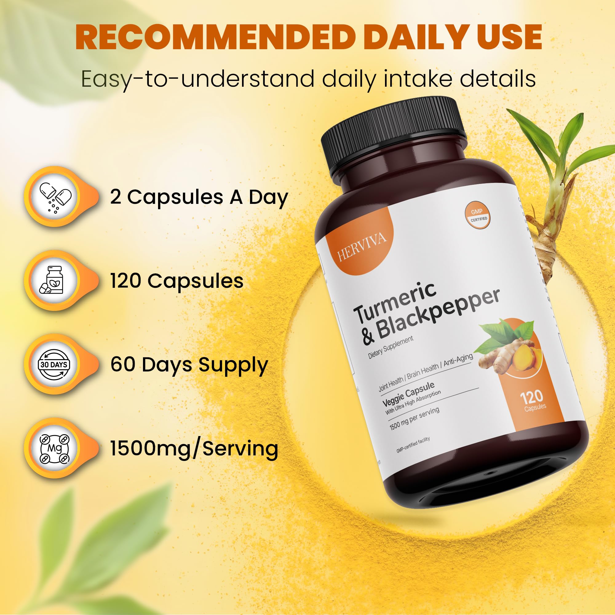 HERVIVA turmeric curcumin label highlights purity and gluten-free, non-GMO formula.