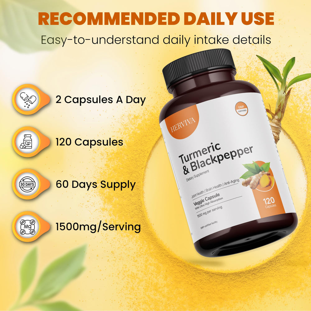 HERVIVA turmeric curcumin label highlights purity and gluten-free, non-GMO formula.