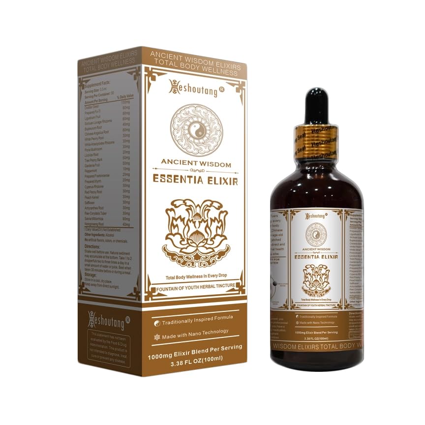 Heshoutang ESSENTIA Elixir bottle front shows a natural herbal blend for daily vitality