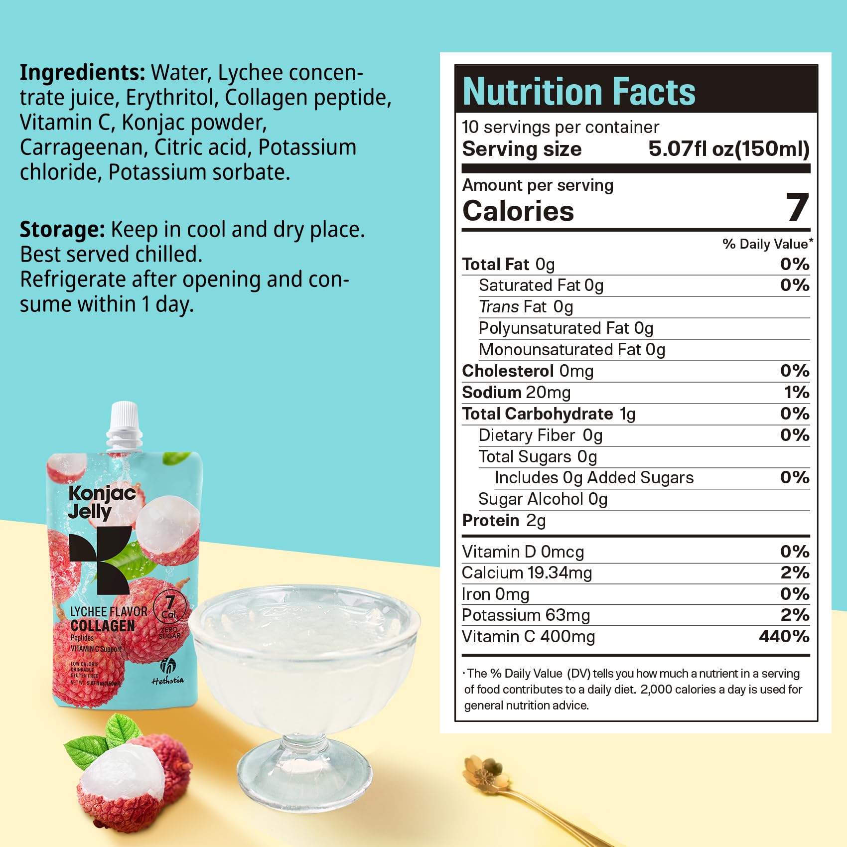 Hethstia Konjac Jelly collagen peptides icon with lychee texture close-up.