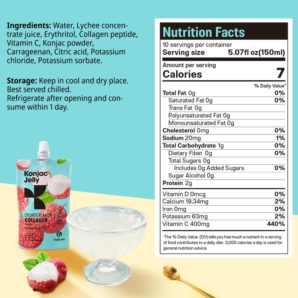 Hethstia Konjac Jelly collagen peptides icon with lychee texture close-up.