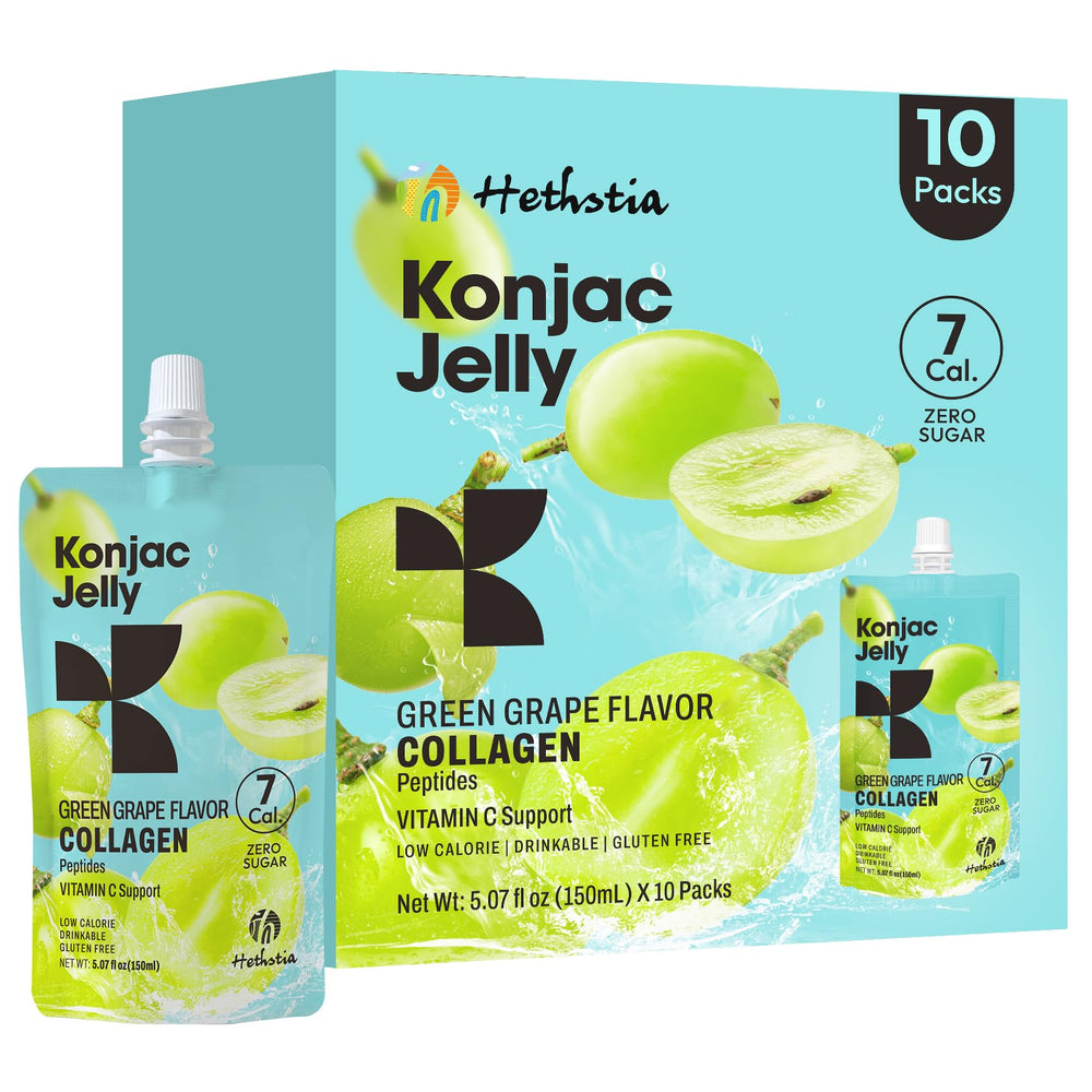 Hethstia Konjac Jelly green grape flavor in 10 pouches, a refreshing on-the-go snack.