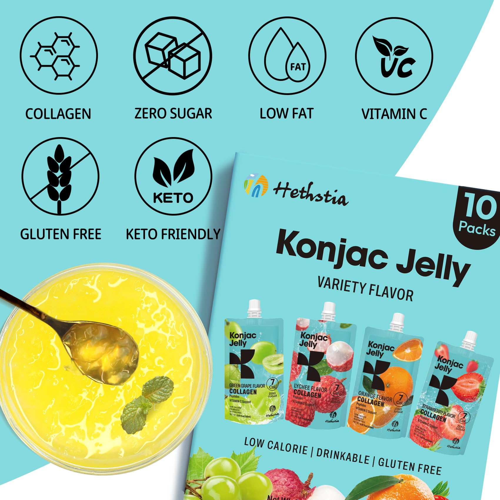 Hethstia Konjac Jelly Green Grape pouch offers refreshing bite and gluten-free portability.