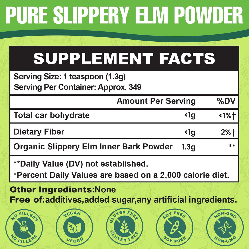 Heucves slippery elm powder scoop shown, easy daily dosage