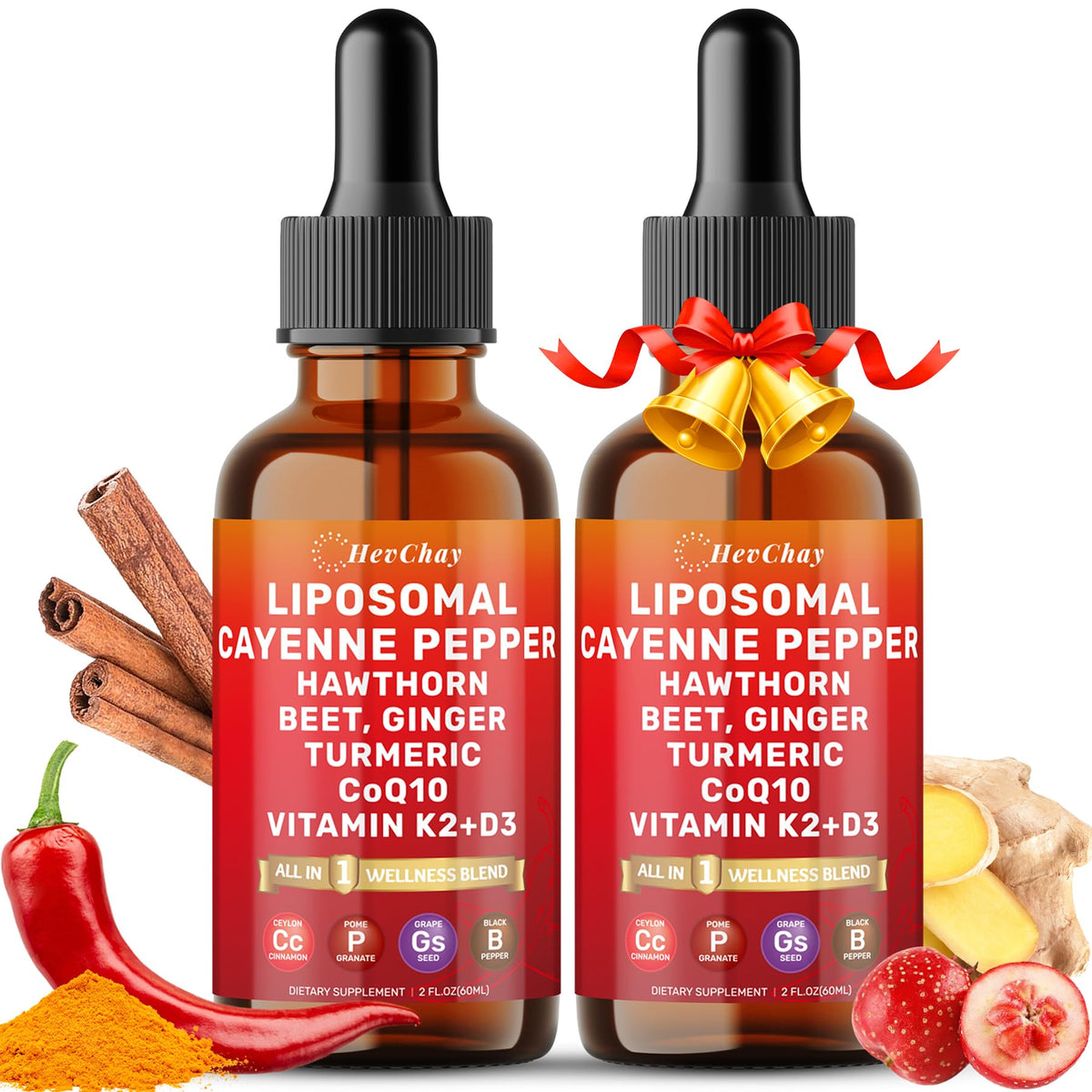 HevChay Cayenne Pepper Drops bottle pour shows easy daily dosing for a quick wellness boost.
