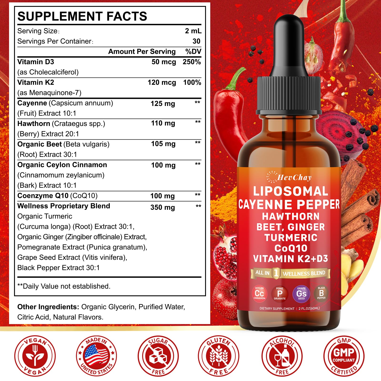 HevChay Cayenne Pepper Drops label close-up highlights premium ingredients for daily vitality.