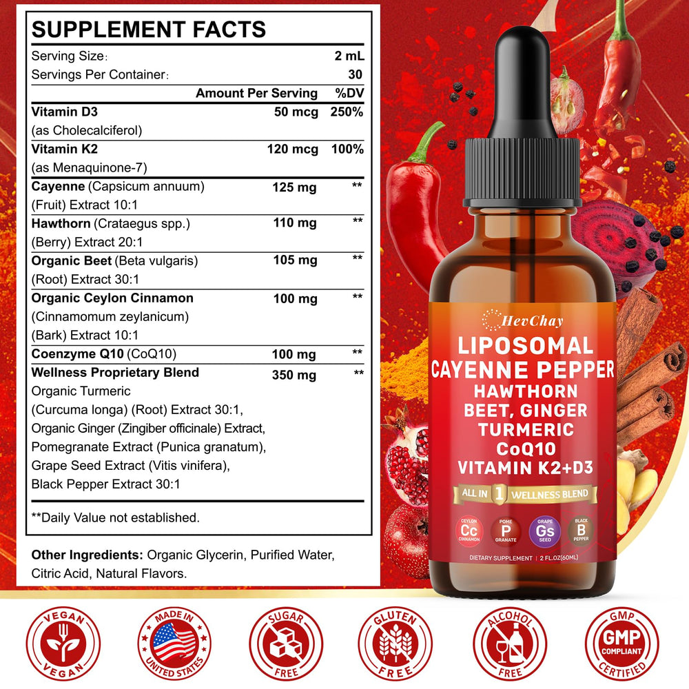 HevChay Cayenne Pepper Drops label close-up highlights premium ingredients for daily vitality.