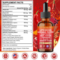 HevChay Cayenne Pepper Drops label close-up highlights premium ingredients for daily vitality.