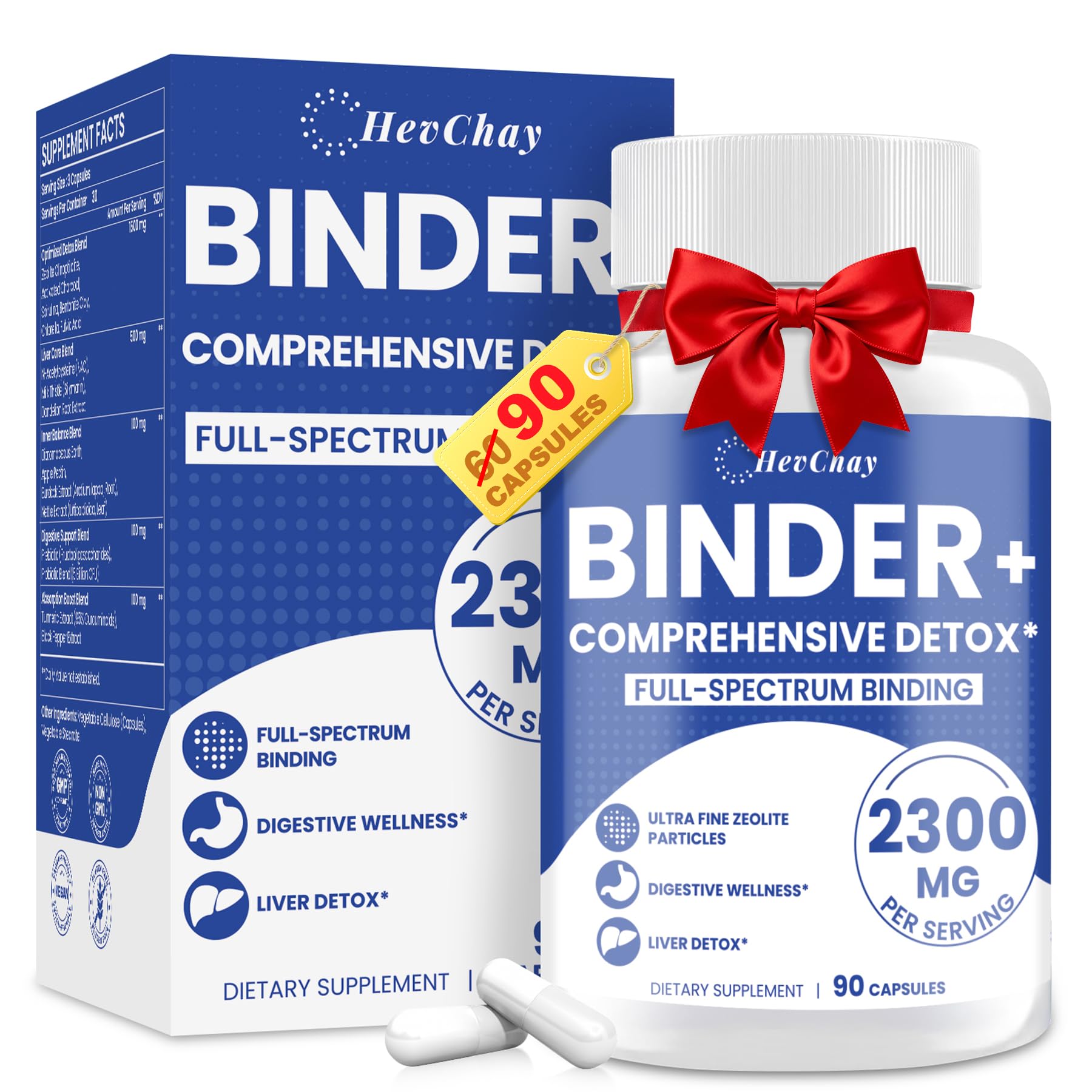 HevChay detox binder bottle front with 2300mg formula for comprehensive cleansing