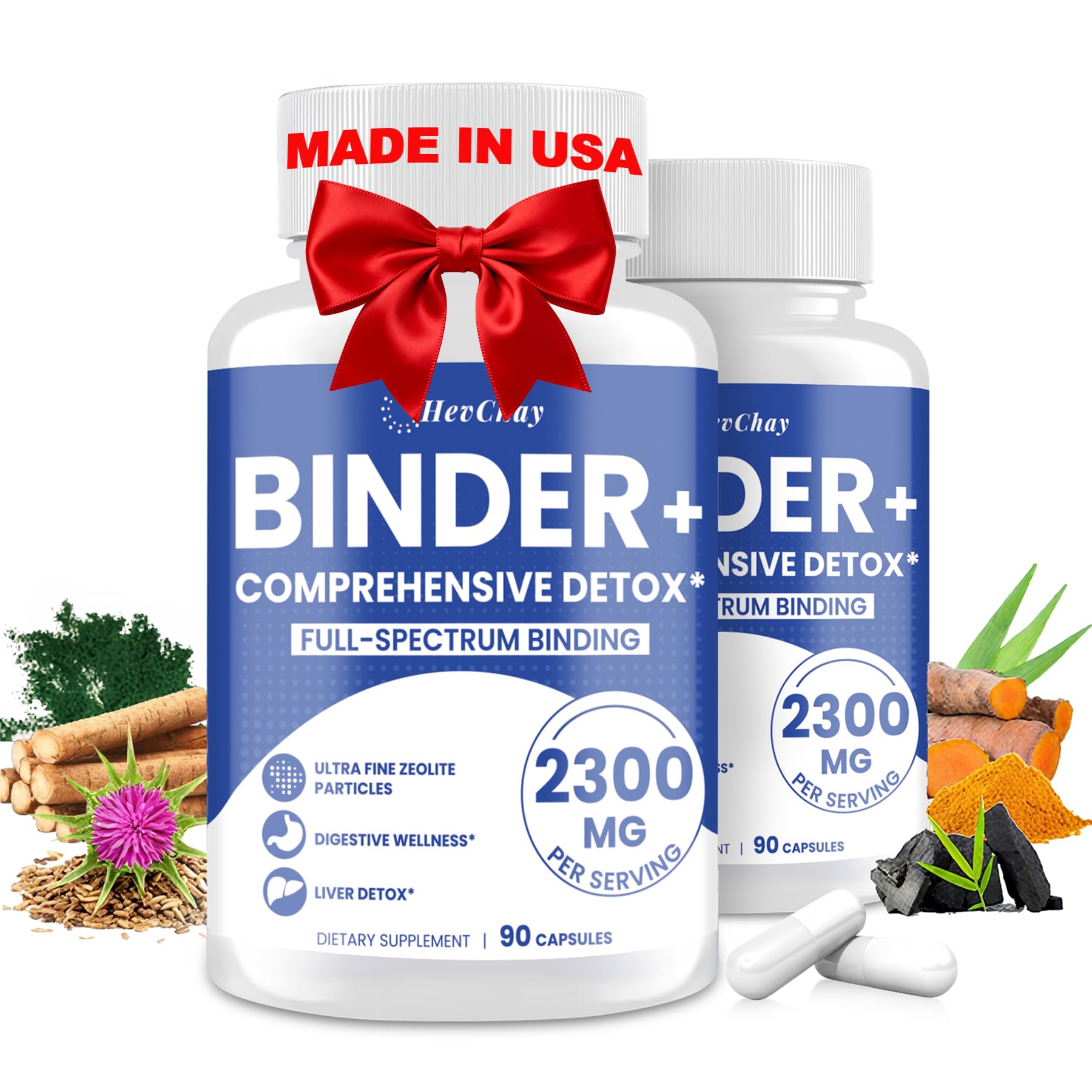 HevChay 2300mg detox binder bottle label highlights comprehensive daily detox support.