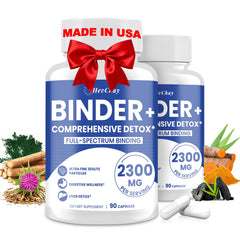 HevChay 2300mg detox binder bottle label highlights comprehensive daily detox support.