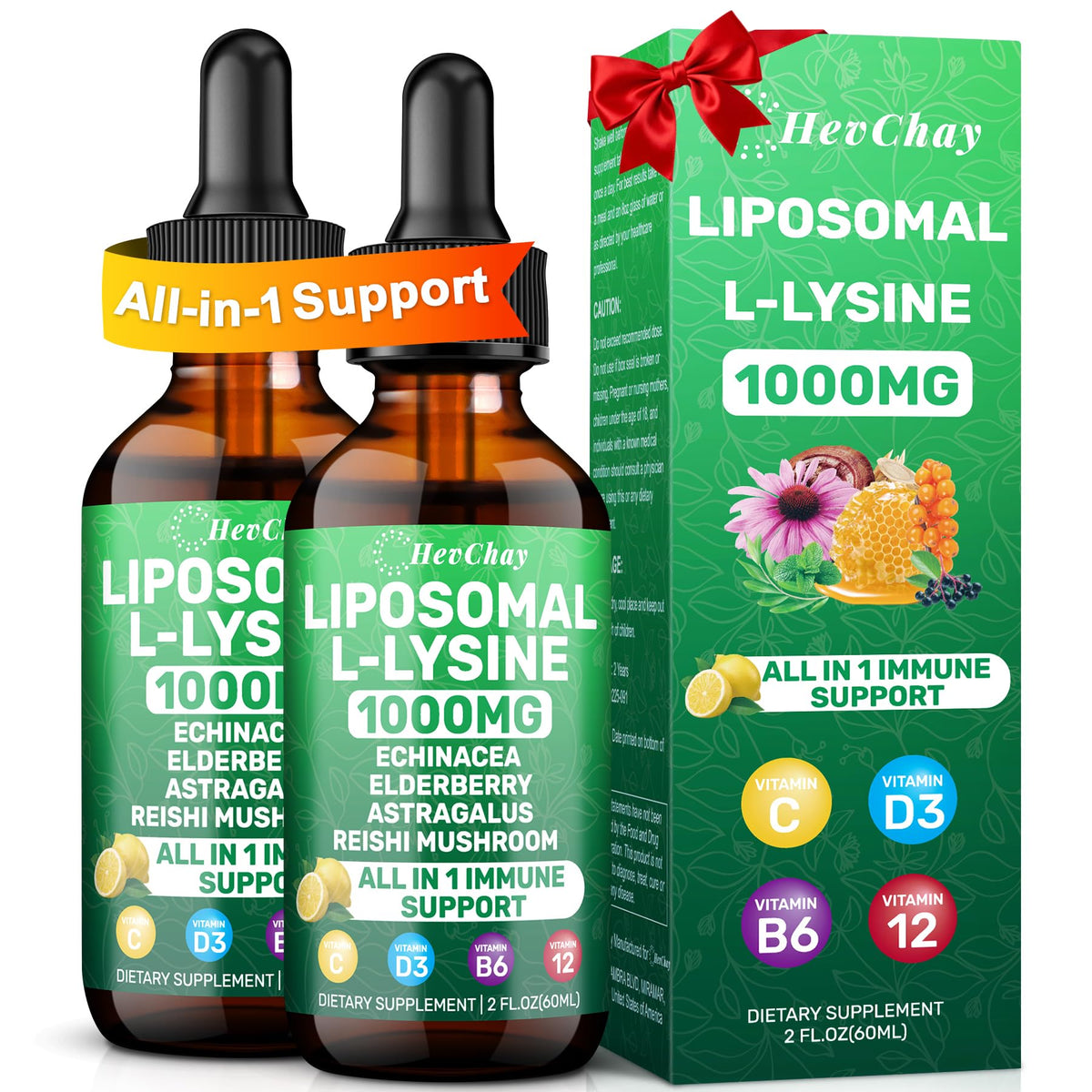 HevChay Liposomal L-Lysine 1000mg bottle highlighting high-absorption delivery for daily wellness.