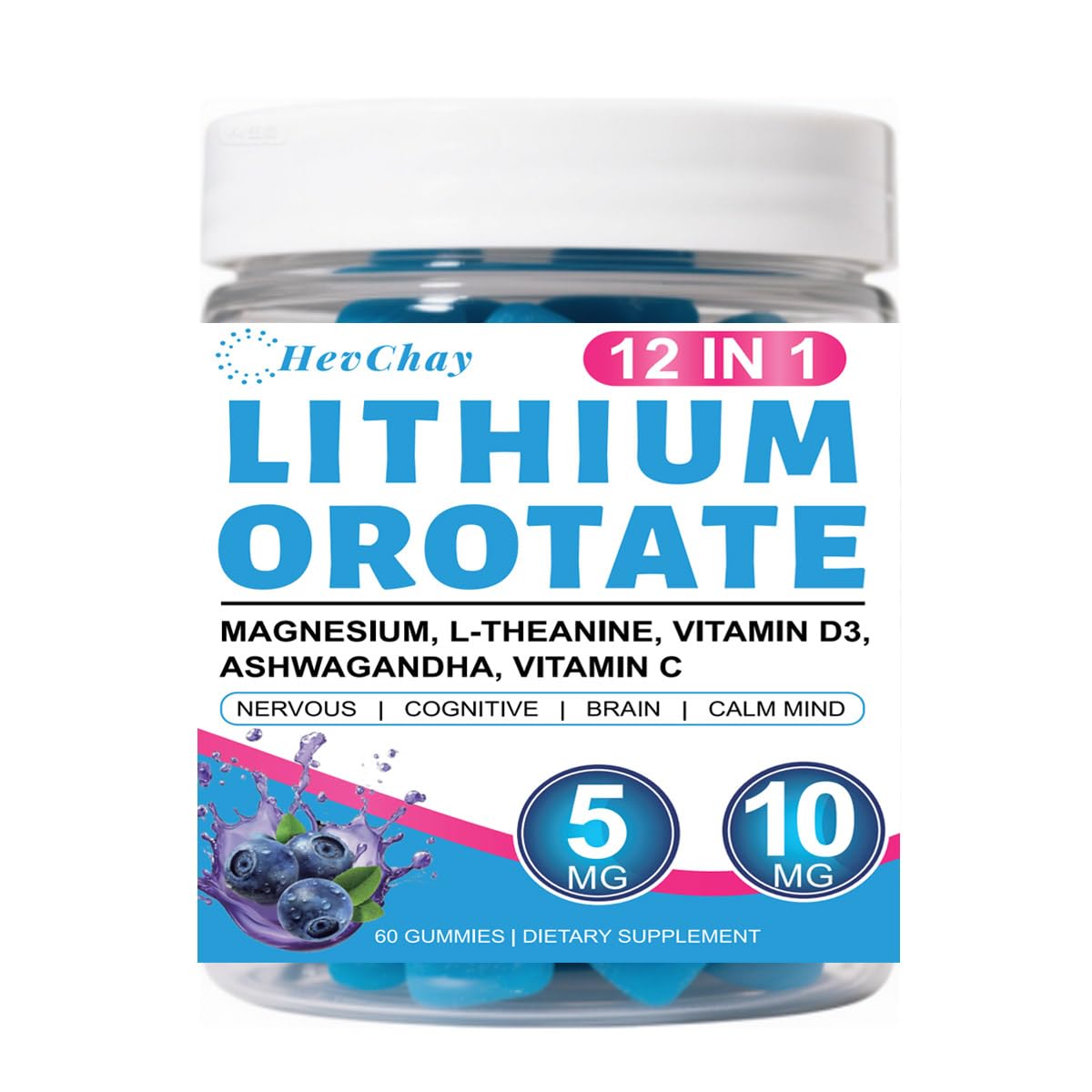 HevChay Lithium Orotate 5mg bottle pour supports daily calm and focus.