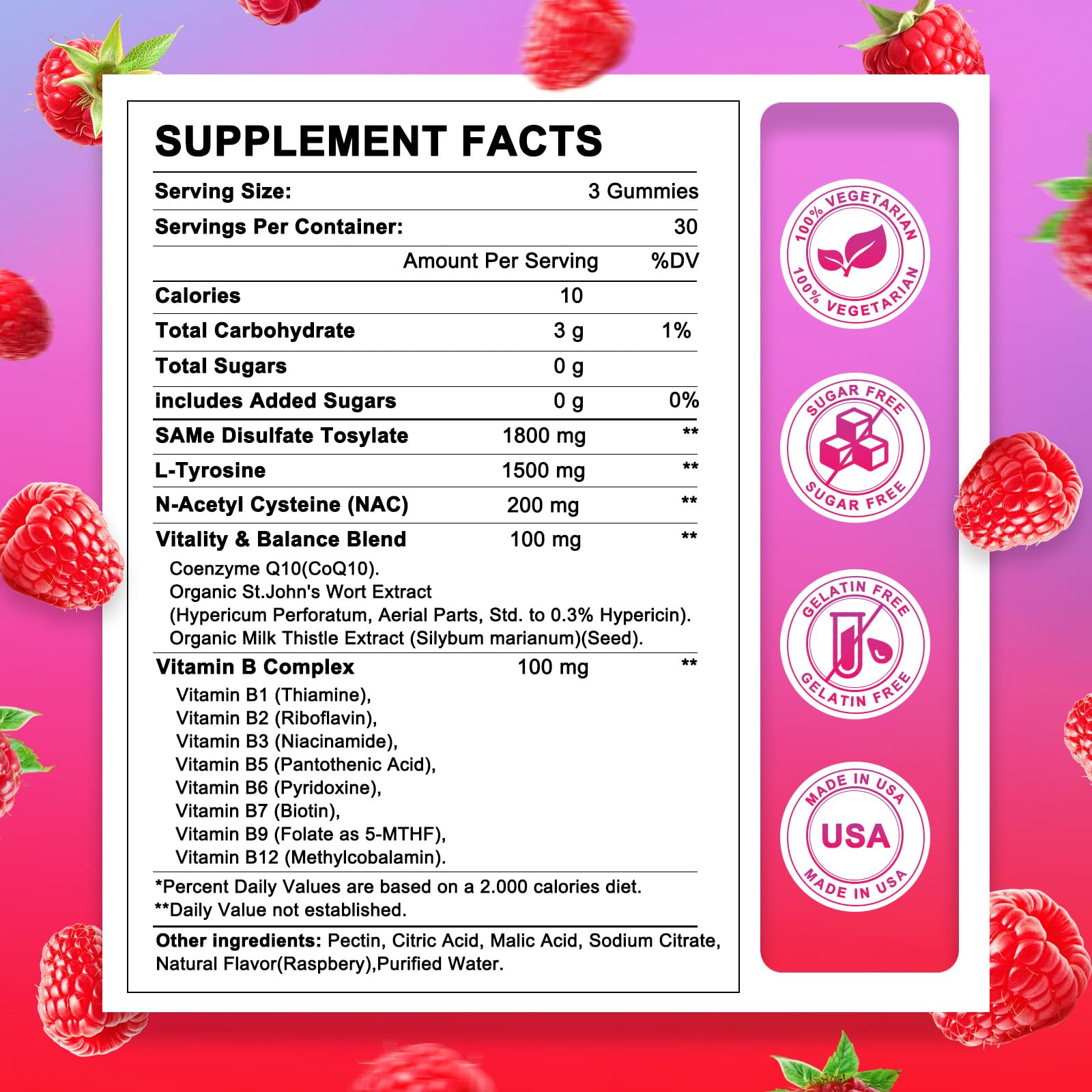 HevChay SAM-e gummies label shows high-dose vegan formula for daily vitality.