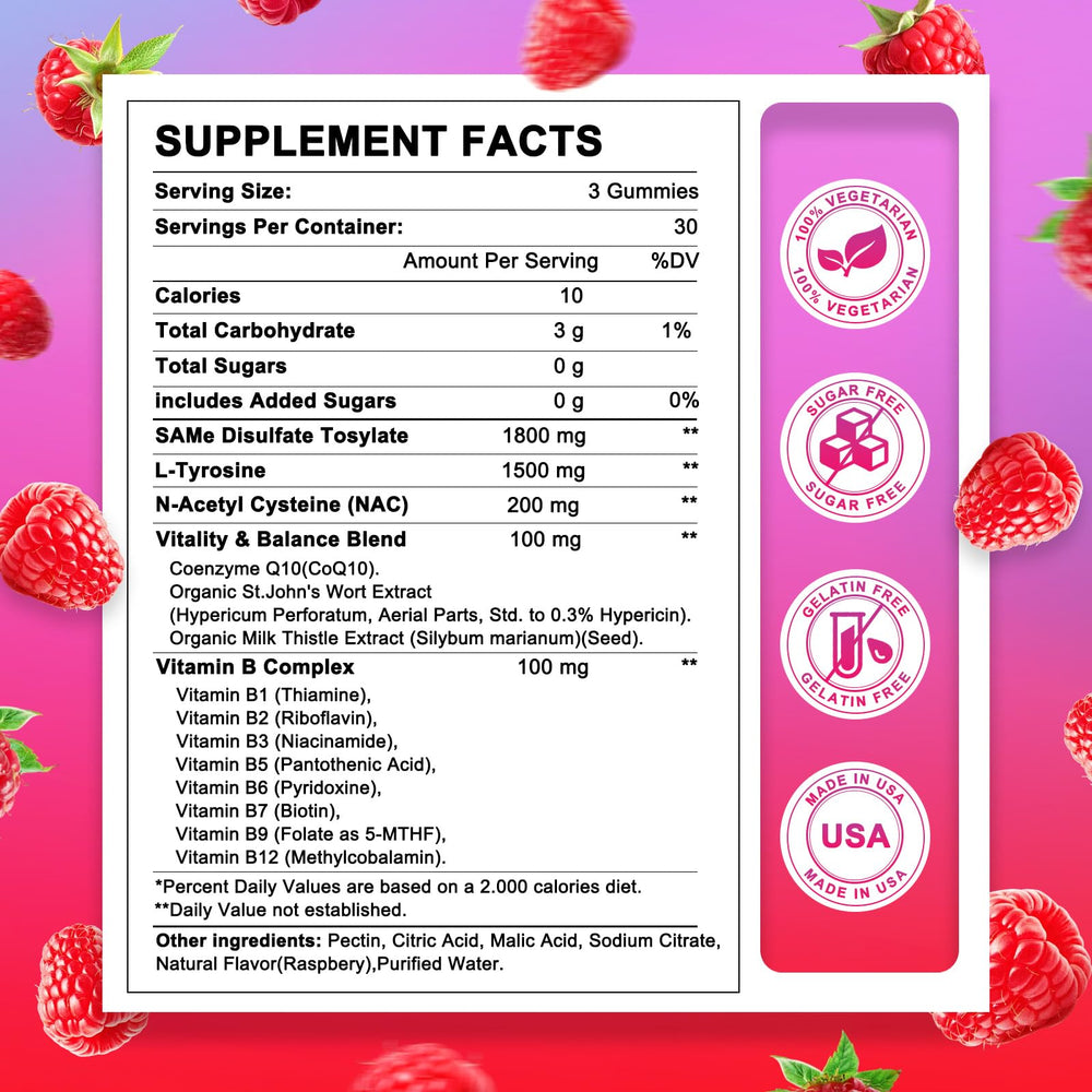 HevChay SAM-e gummies label shows high-dose vegan formula for daily vitality.