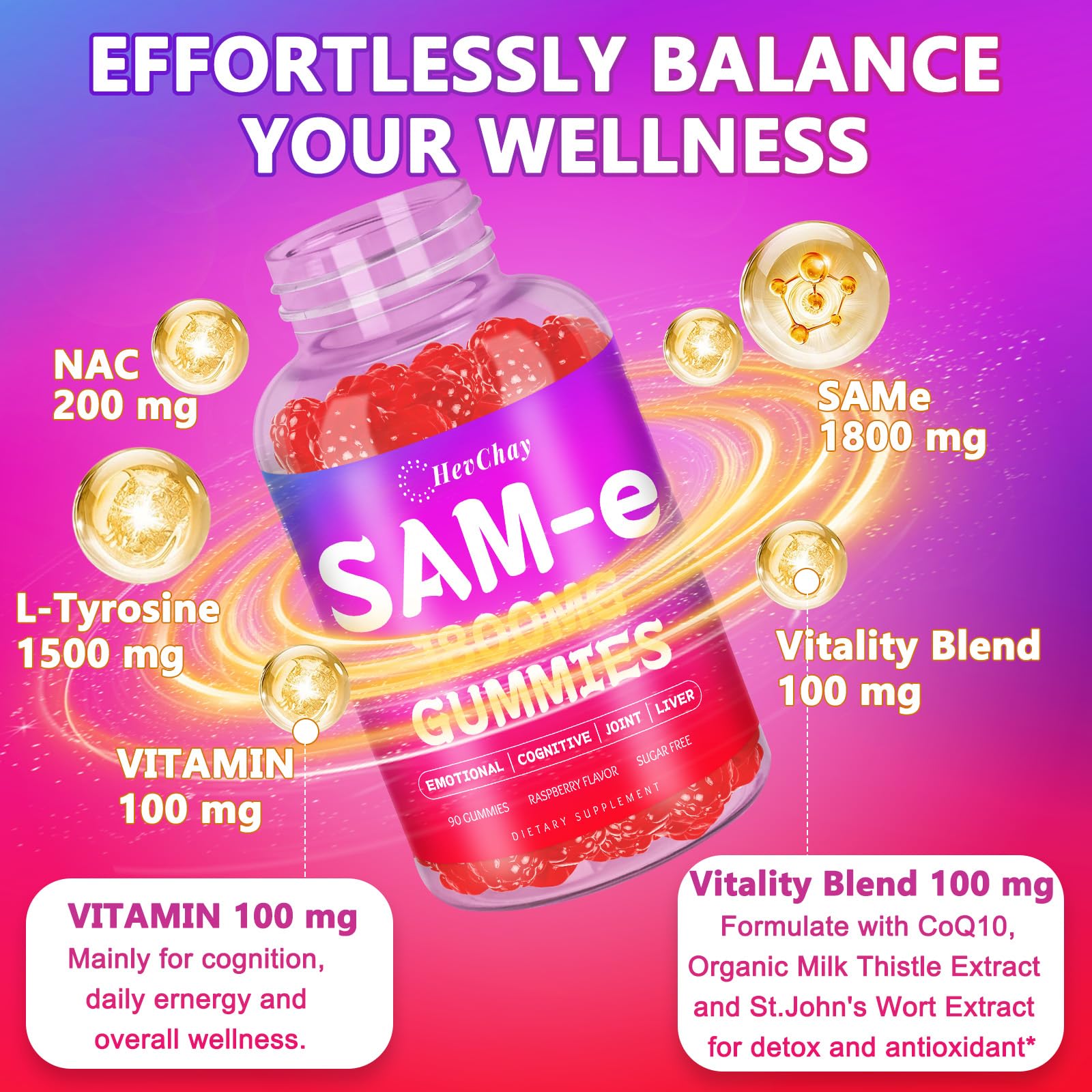 HevChay SAM-e vegan gummies show a wheat-free, 100 percent plant-based formula