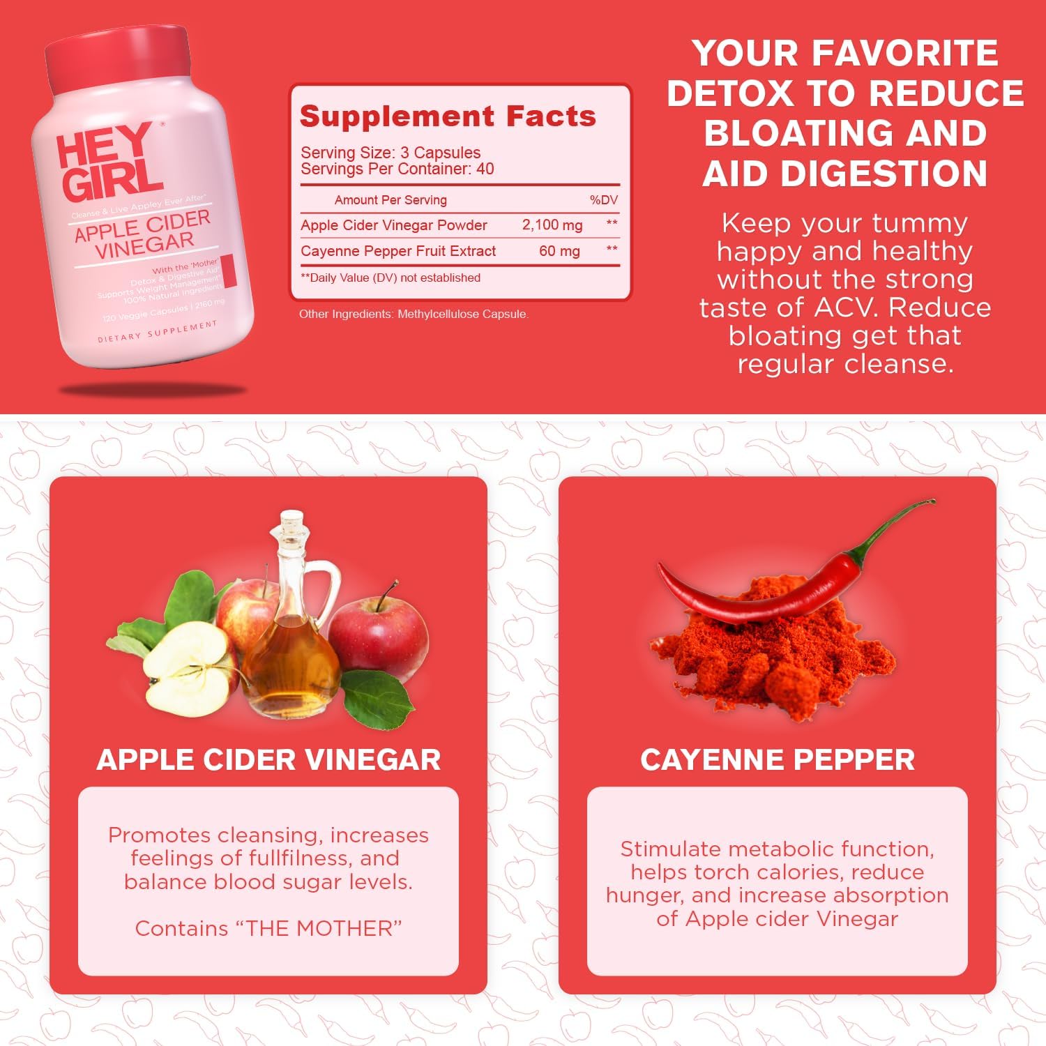 Hey Girl Nutrition ACV capsules pouring from bottle for quick daily intake.