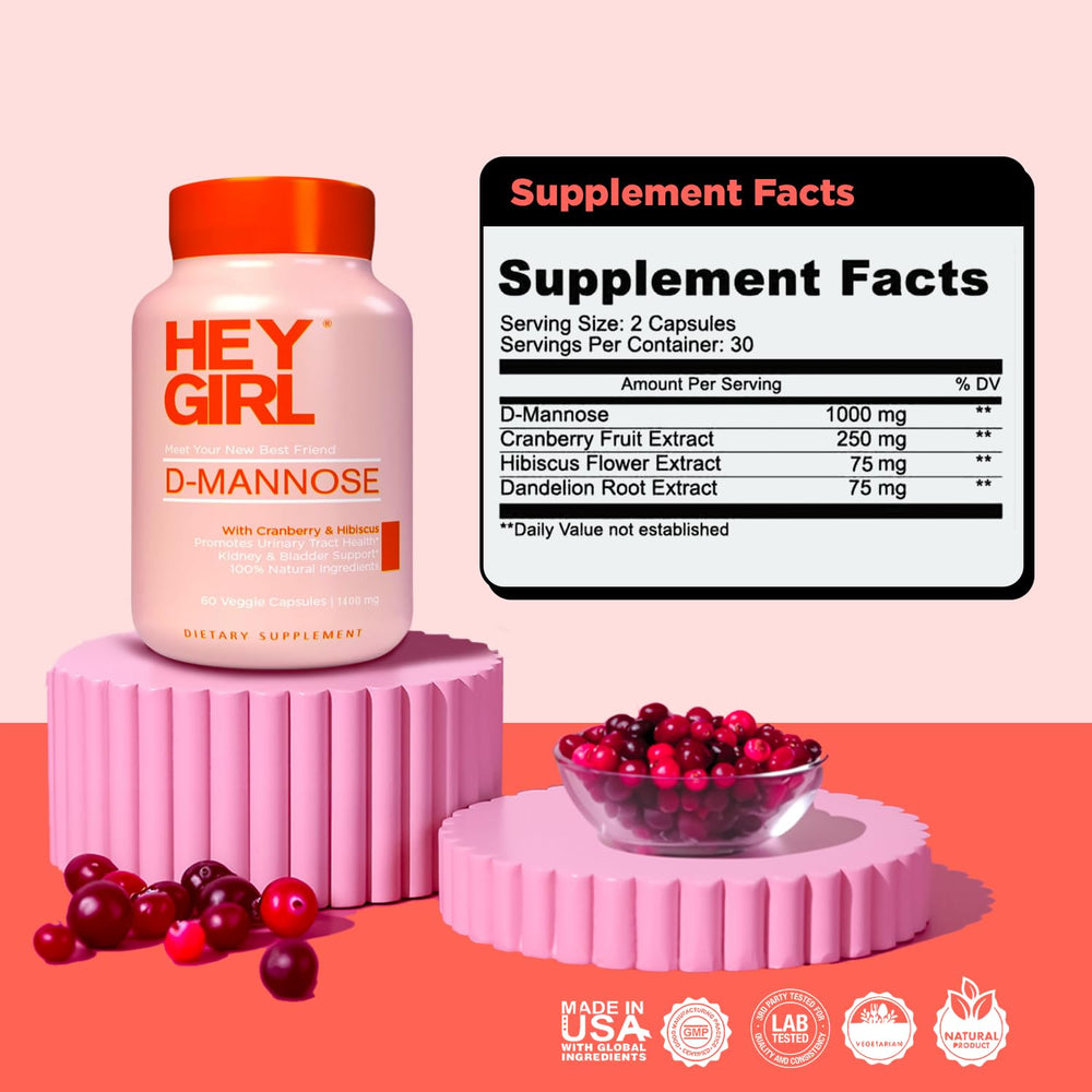 Hey Girl Nutrition D Mannose capsules close-up with label illustrating easy daily use