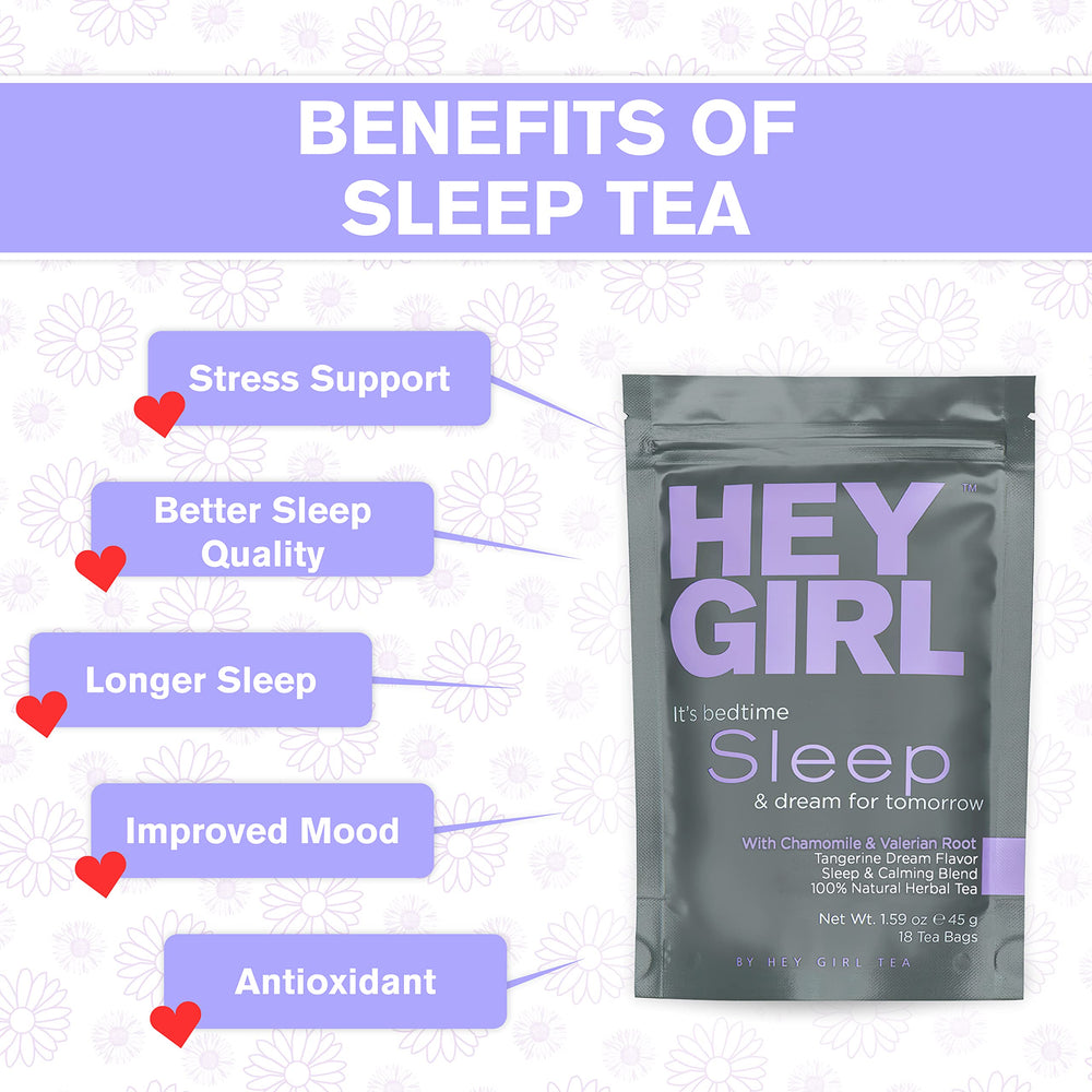 Gift-ready Hey Girl Sleep Tea packaging shown as a relaxing self-care gift.