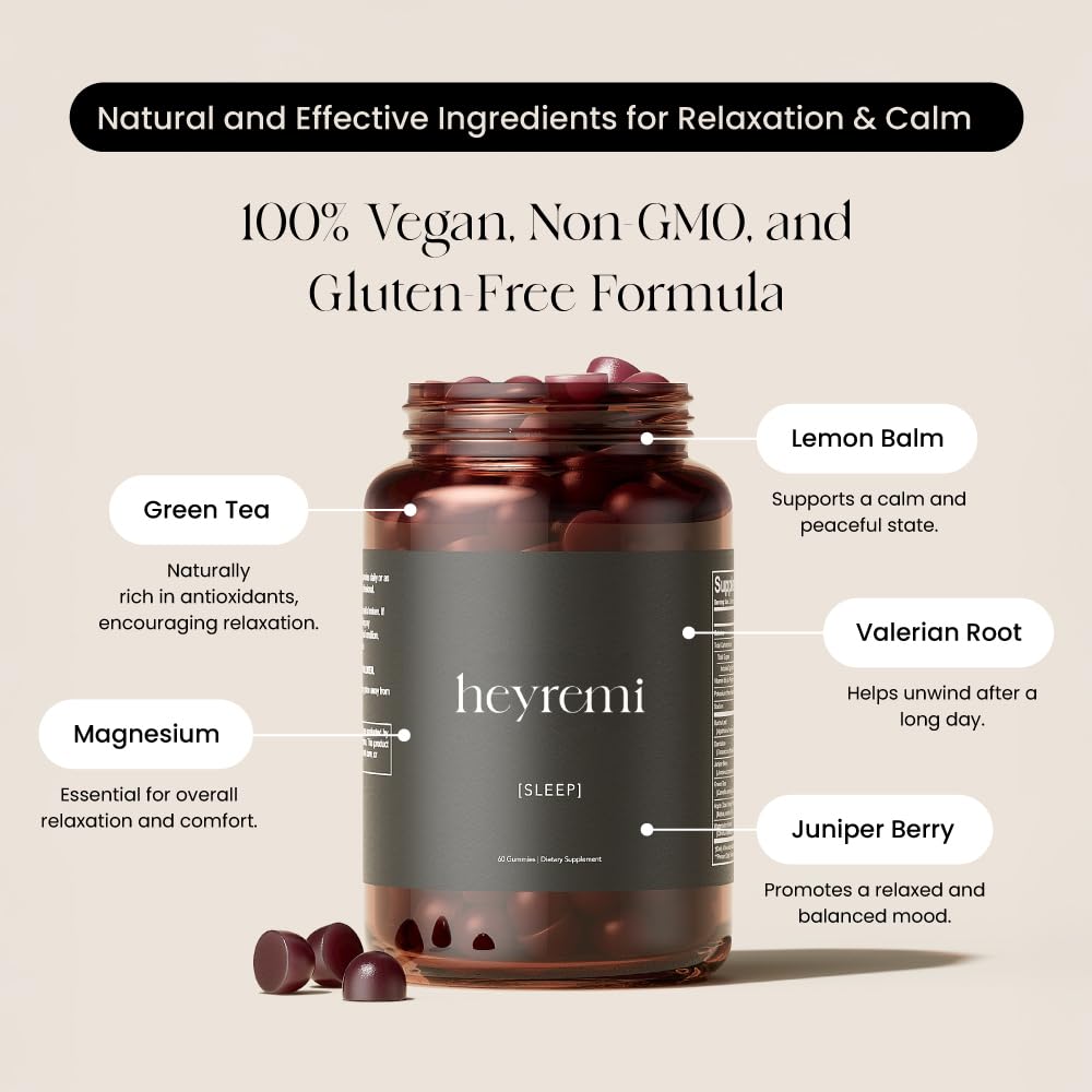 Heyremi Sleep valerian root blend visual suggests soothing nightly routine.