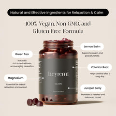 Heyremi Sleep valerian root blend visual suggests soothing nightly routine.