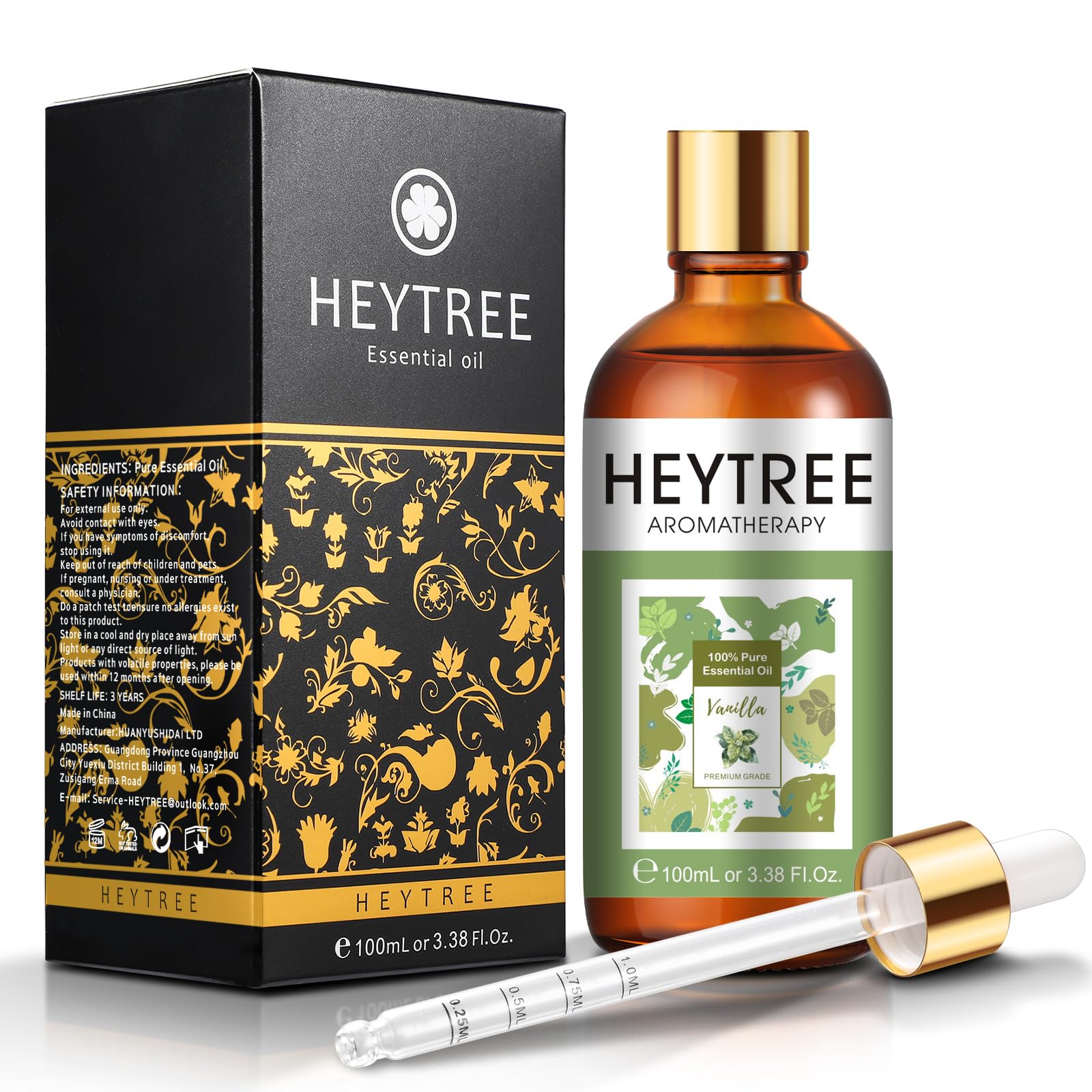 HEYTREE Vanilla Essential Oil bottle close-up for premium diffuser aromatherapy and relaxation.