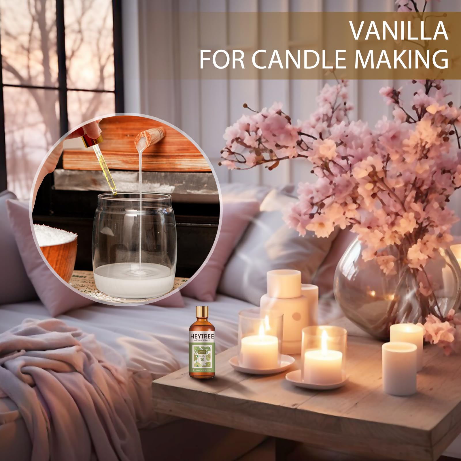 HEYTREE Vanilla essential oil packaging highlights quality and usage options for home blends.