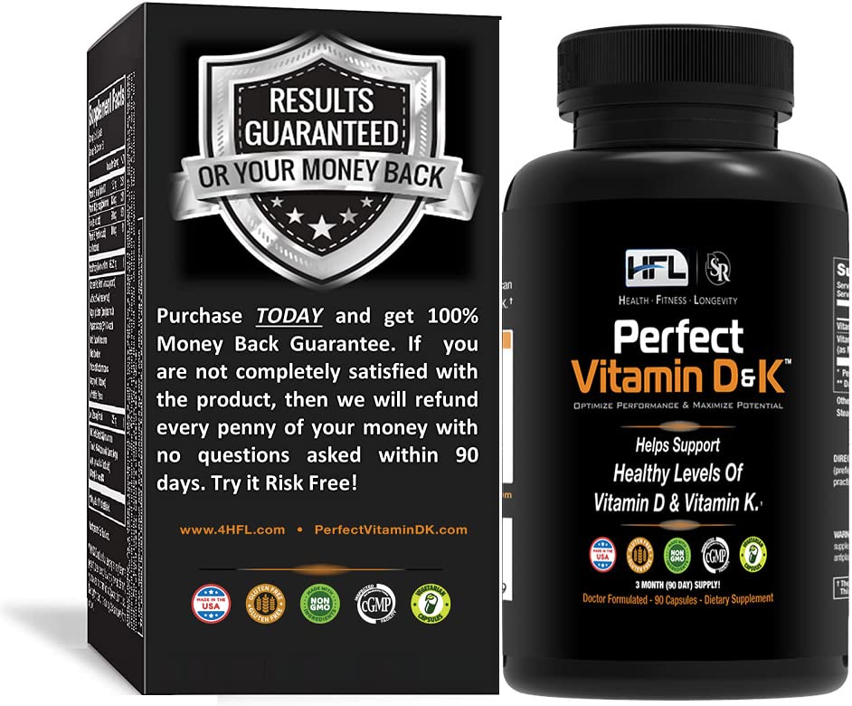 HFL Perfect Vitamin D&K bottle closeup showing 2x absorbable formula.