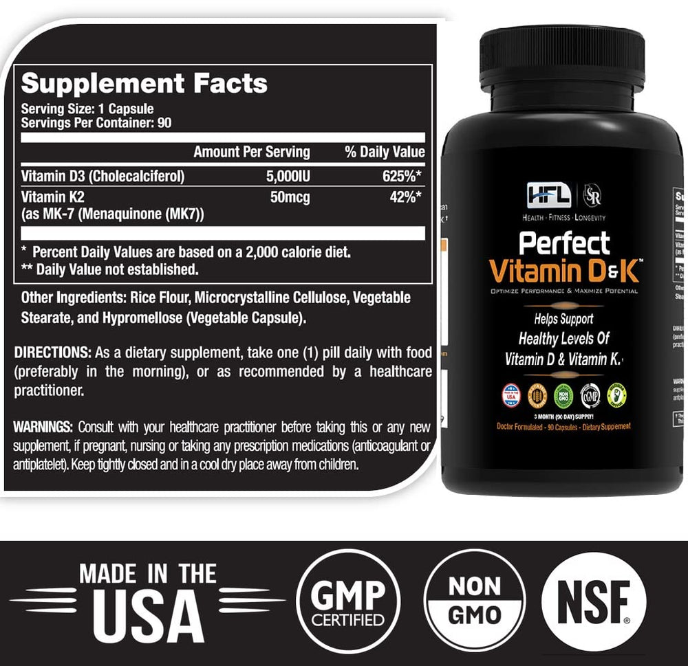 HFL Perfect Vitamin D&K capsules demonstrating vegan, micro-encapsulated delivery.