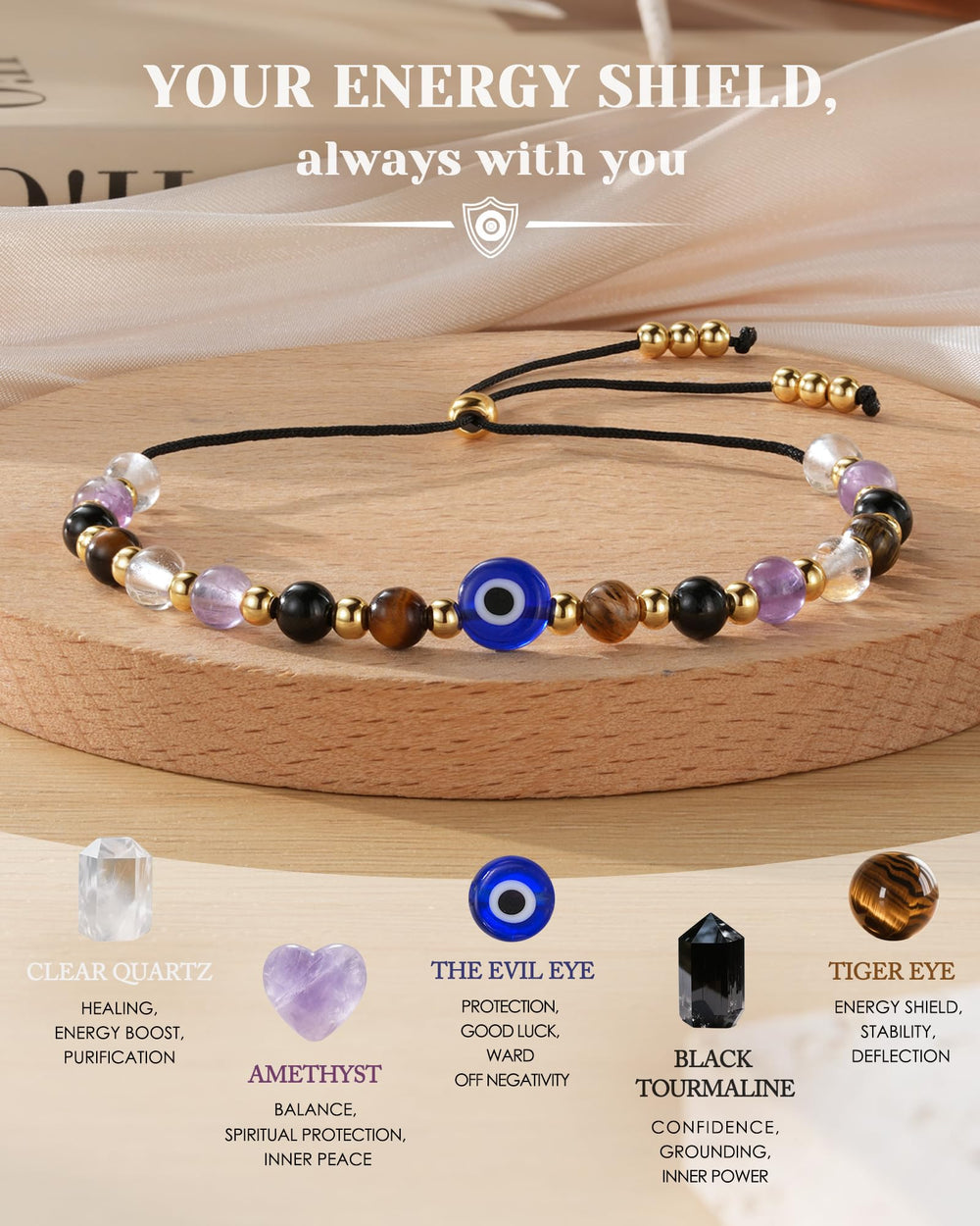 HGDEER black tourmaline grounding bracelet designed to help stabilize energy throughout busy days.