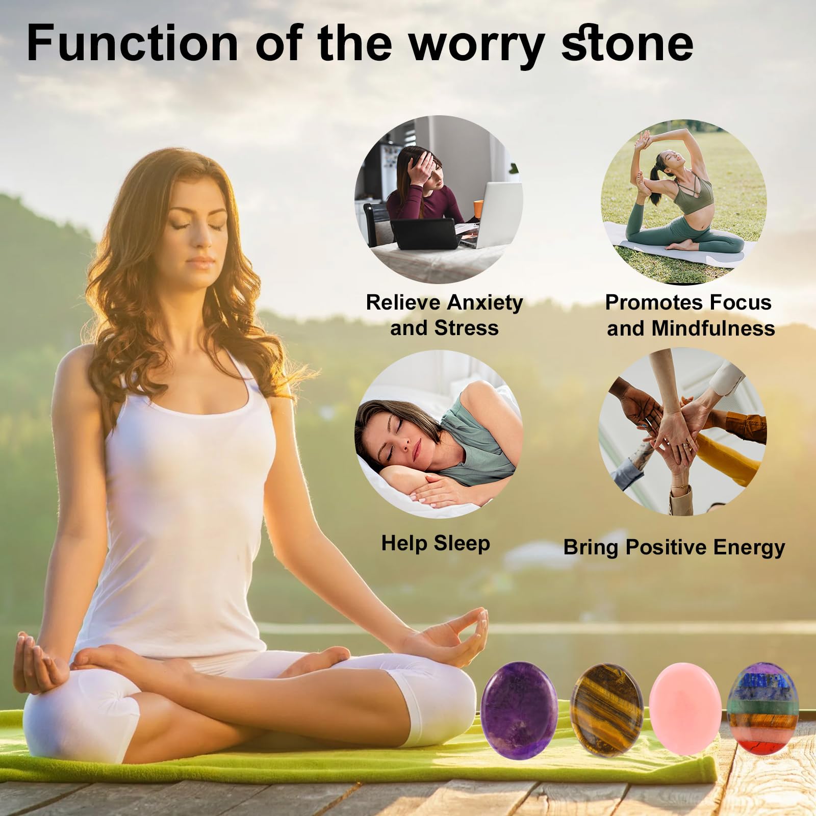 Hguxmcu rose quartz worry stone in use during meditation and breathing practice.