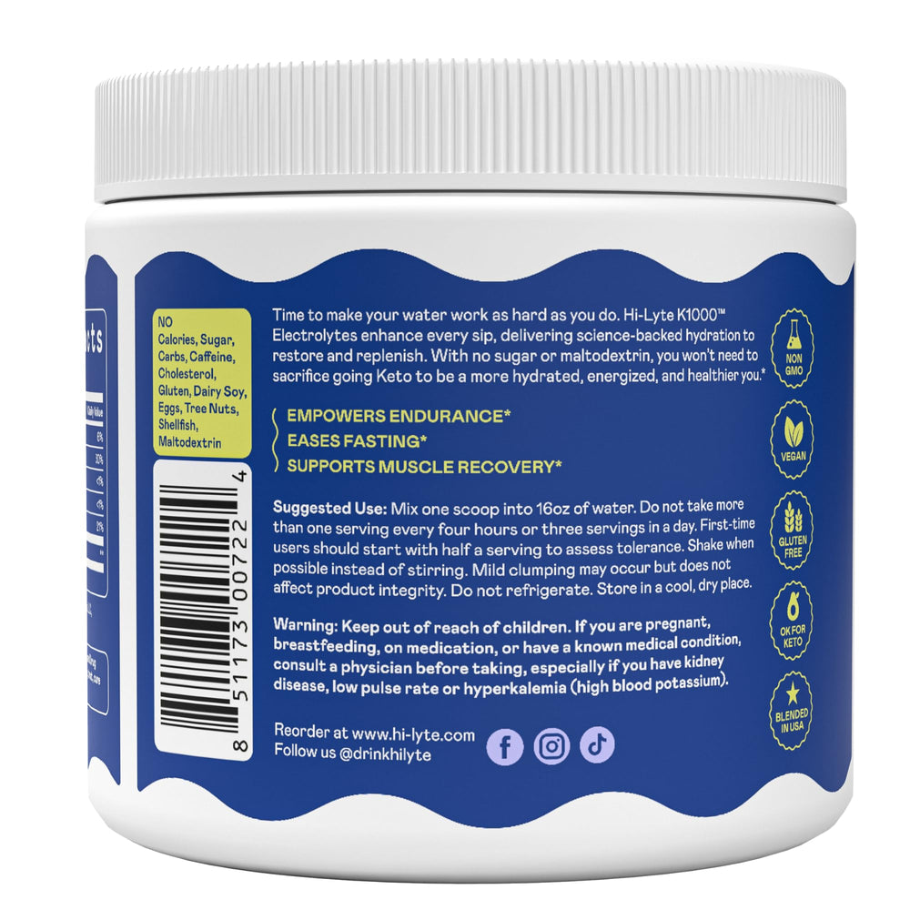 Hi-Lyte K1000 electrolytes powder ideal for keto and endurance training.
