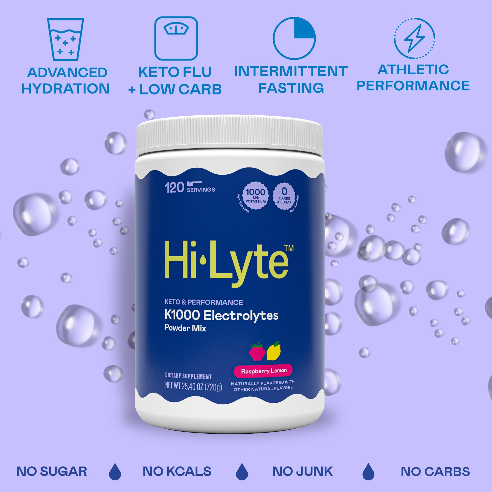 Hi-Lyte K1000 Raspberry Lemon glass with dissolved powder showing refreshing hydration.