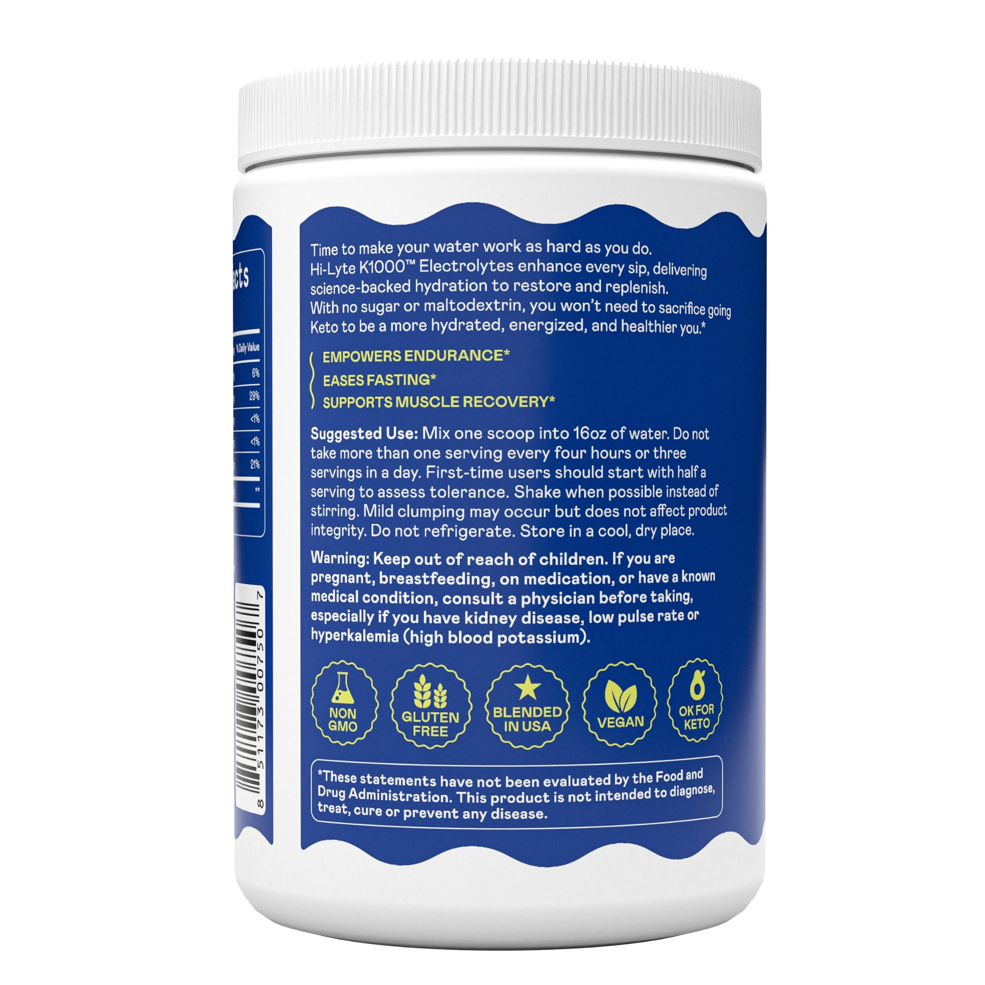Hi-Lyte K1000 label highlights zero sugar and maltodextrin for clean hydration.