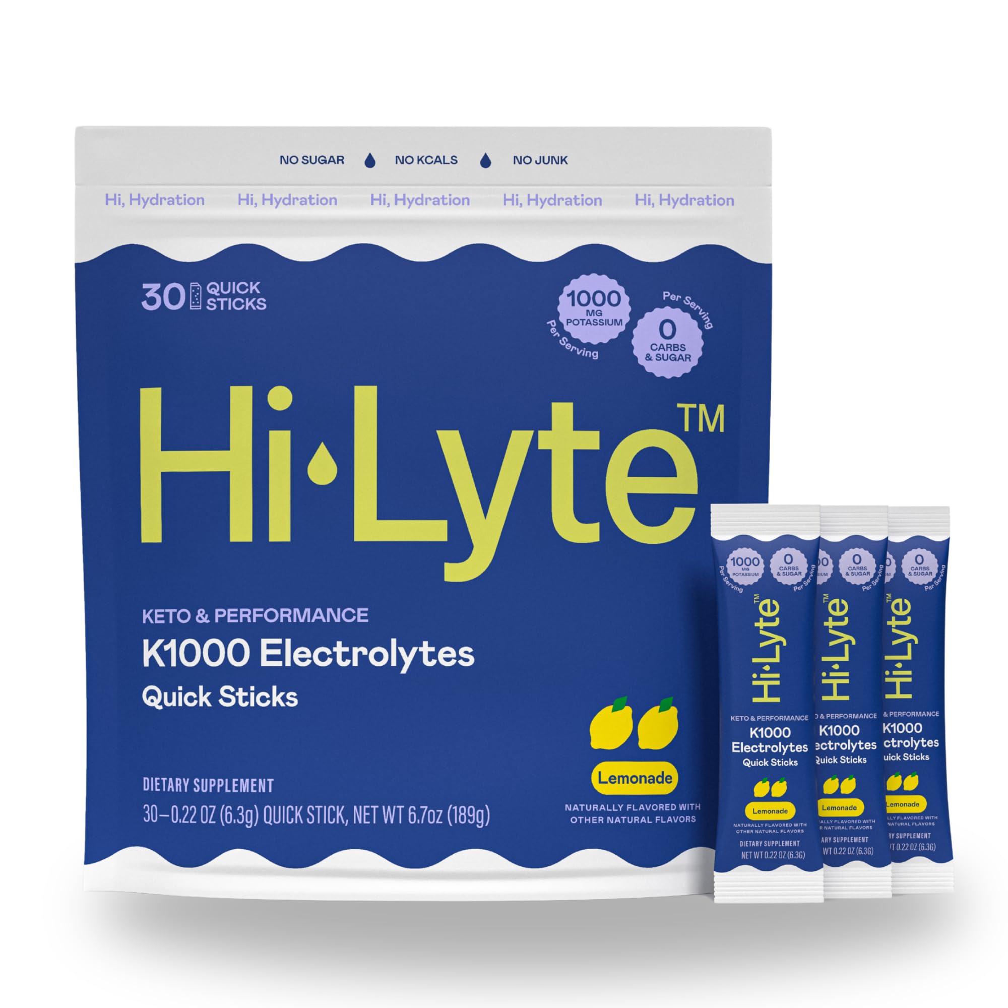 Hi-Lyte K1000 Lemonade packets close-up for quick on-the-go hydration.