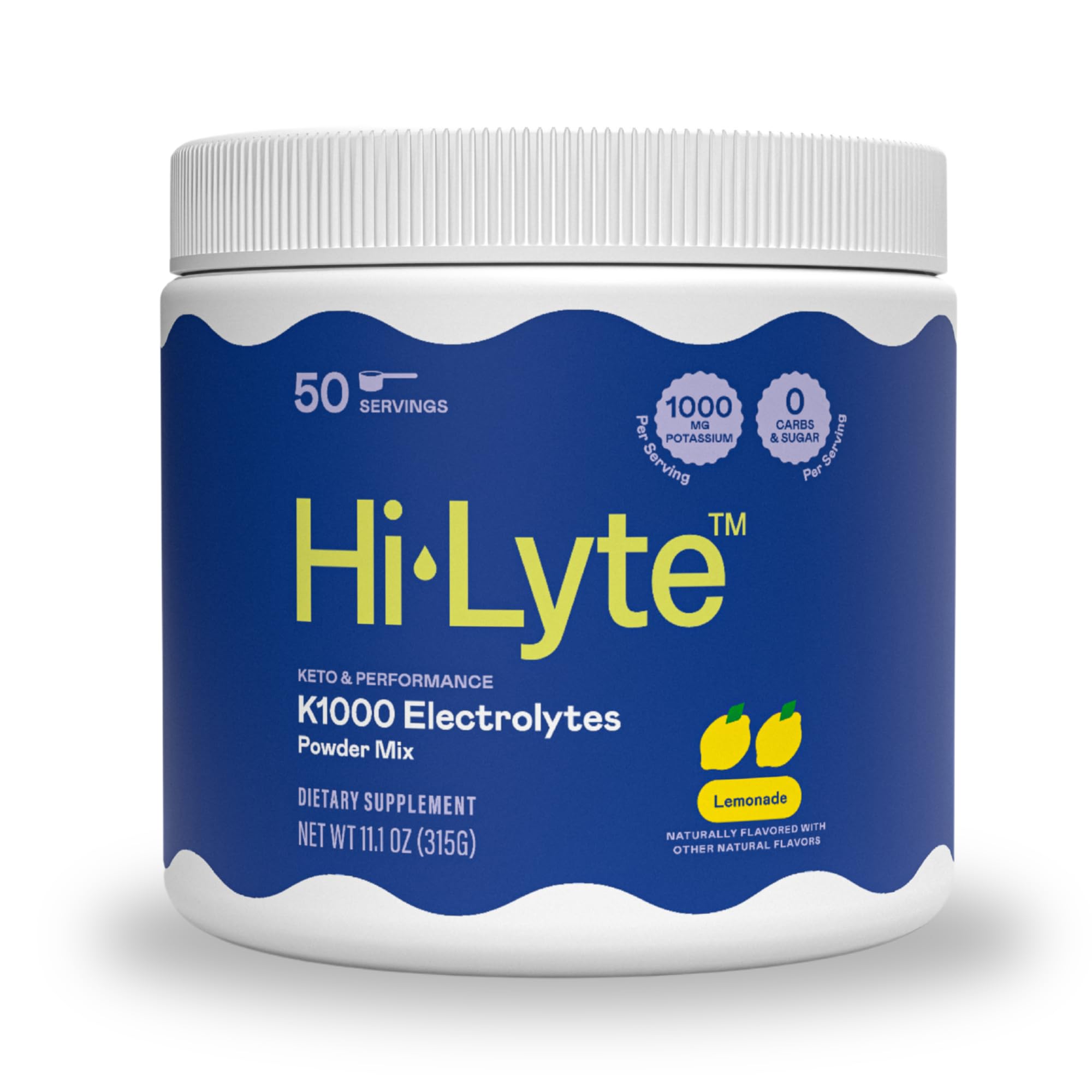 Hi-Lyte K1000 Lemonade powder bottle—hydration support for workouts.