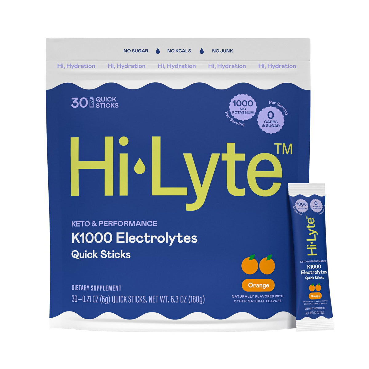 Hi-Lyte K1000 orange electrolyte sticks ready to mix for on-the-go hydration