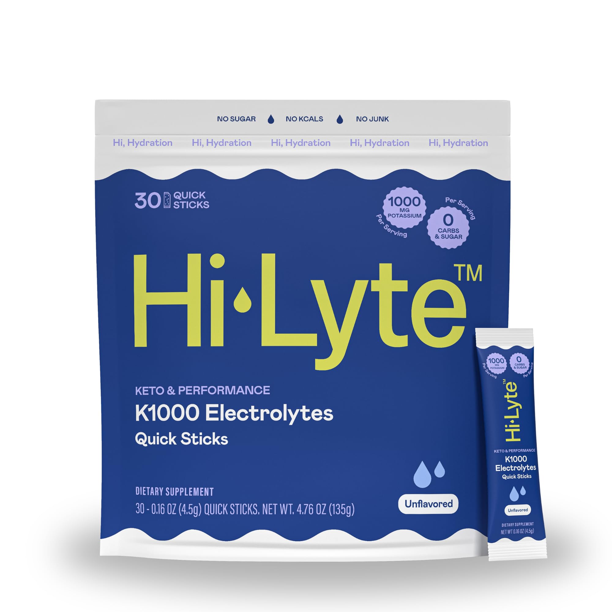 Hi-Lyte K1000 packets front view emphasizing keto-friendly hydration support.