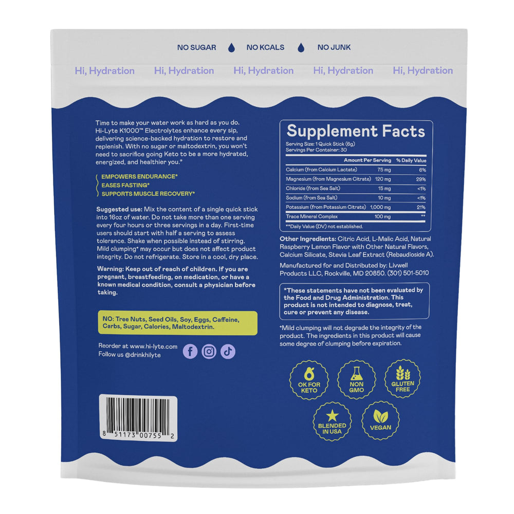 Hi-Lyte K1000 Raspberry Lemon gluten-free vegan blend for keto-friendly hydration.