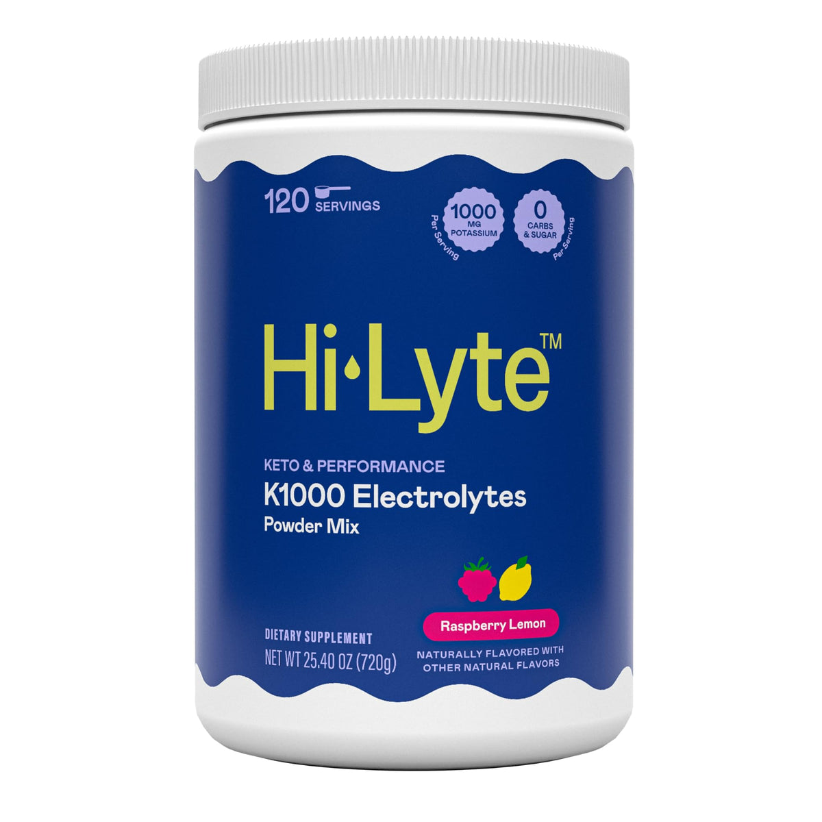 Hi-Lyte K1000 Raspberry Lemon powder in tub for keto hydration.