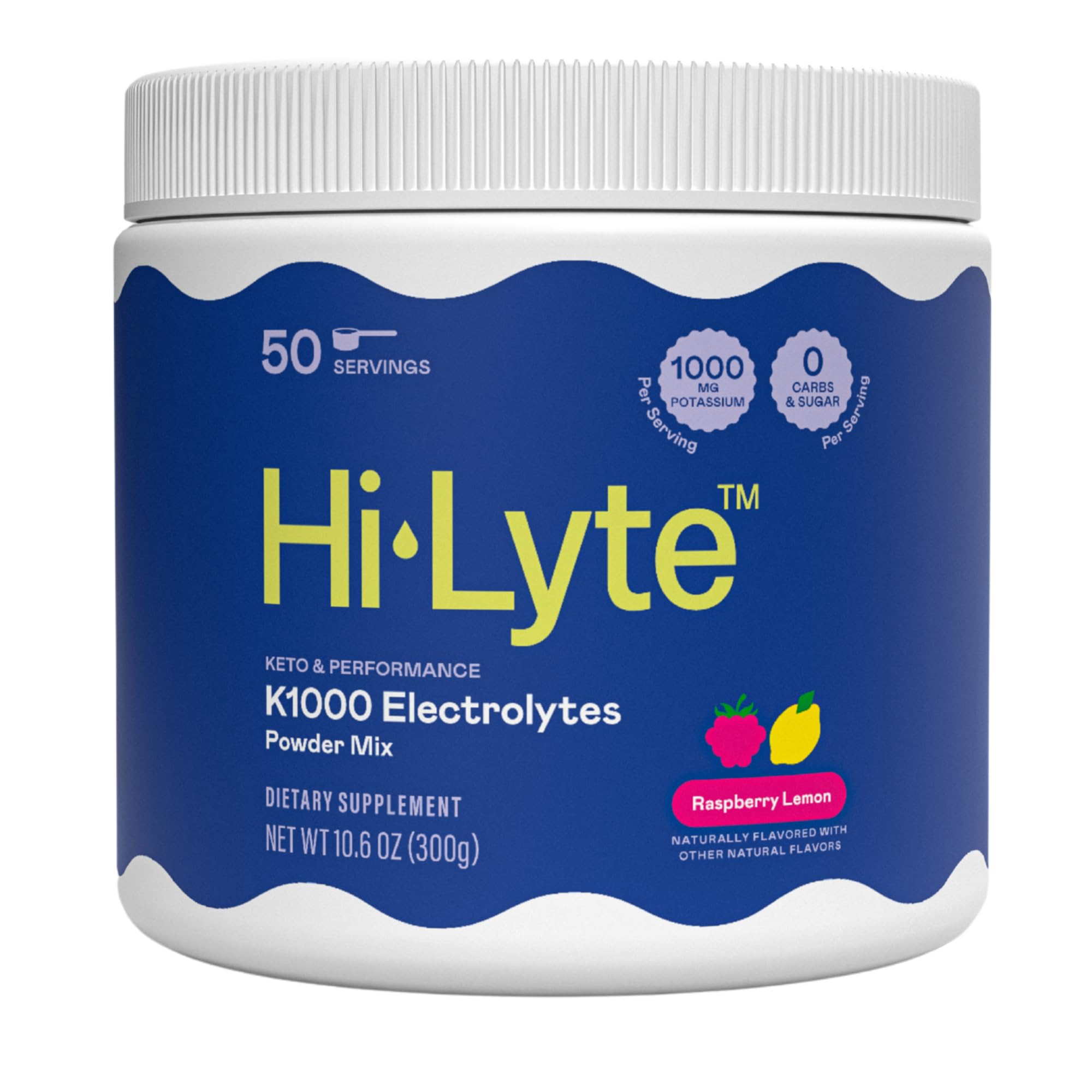 Hi-Lyte Keto K1000 Raspberry Lemon powder tub shows hydration and minerals