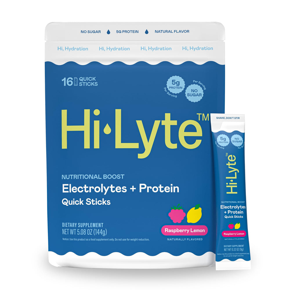 Hi-Lyte Raspberry Lemon Quick Stick bottle for on-the-go hydration and protein.
