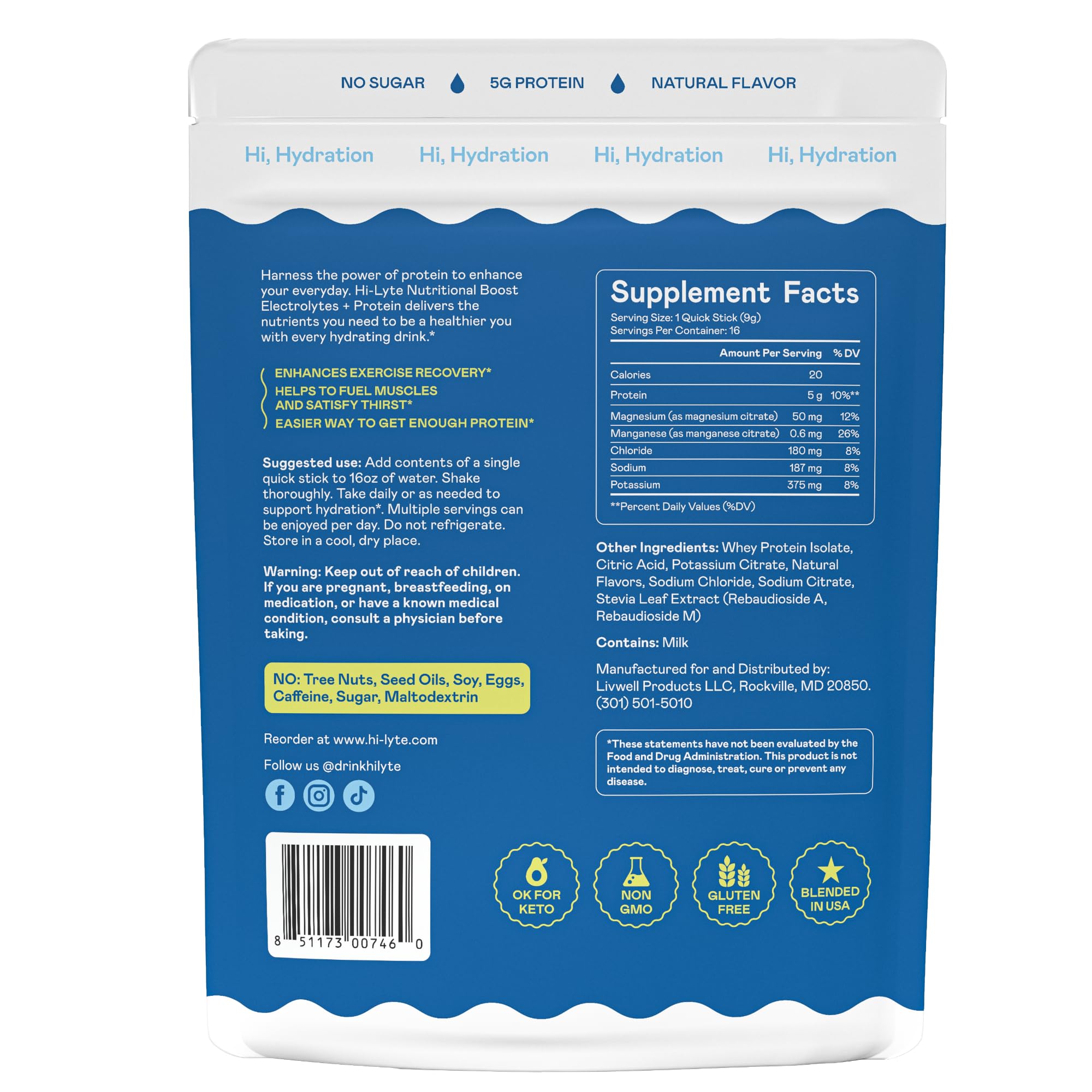 Hi-Lyte Raspberry Lemon Quick Stick nutrition label emphasizing 5g protein.