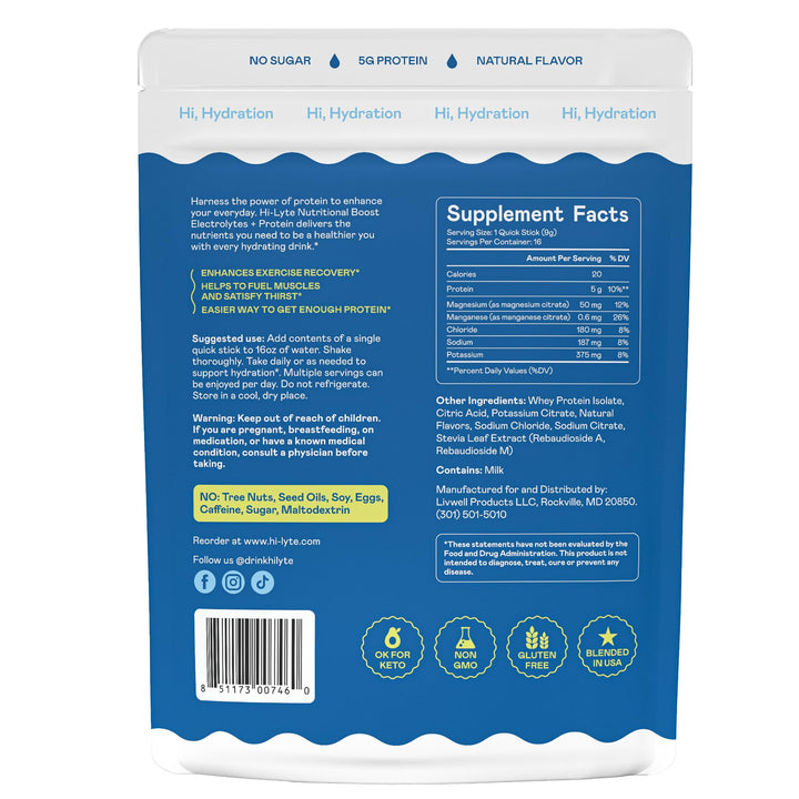Hi-Lyte Raspberry Lemon Quick Stick nutrition label emphasizing 5g protein.