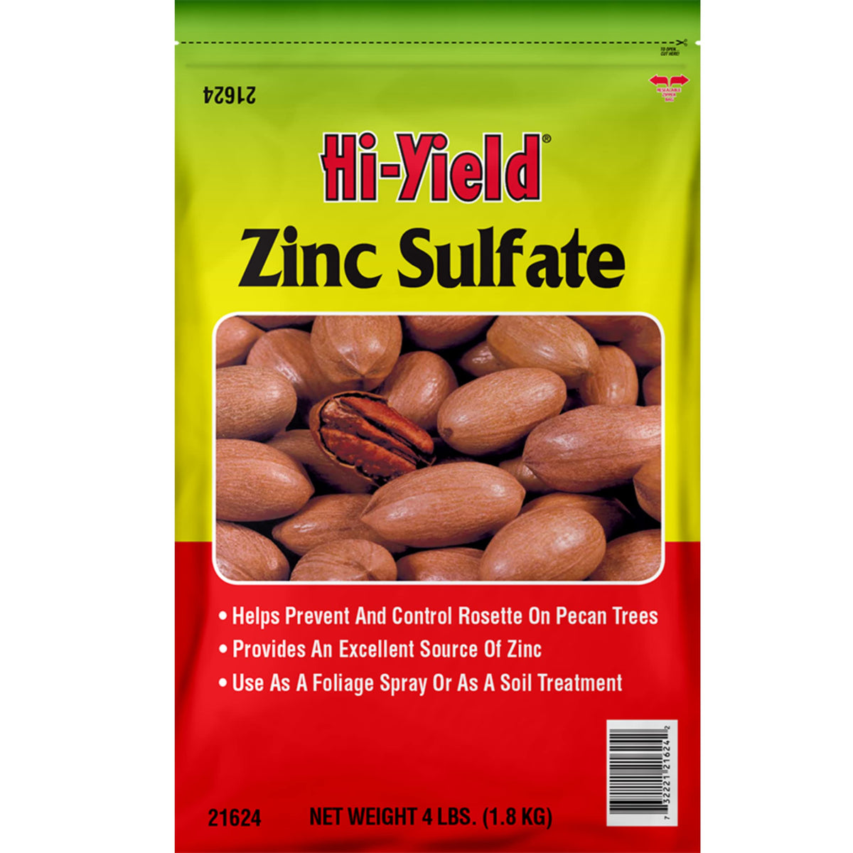 Hi-Yield Zinc Sulfate bottle pour demonstrates ready-to-apply zinc source for pecan and fruit tree health.
