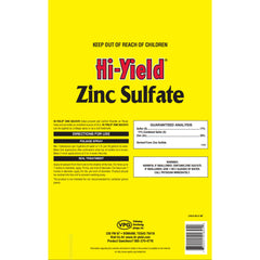 Hi-Yield Zinc Sulfate spray-application image highlights easy soil or trunk-to-dripline treatment.