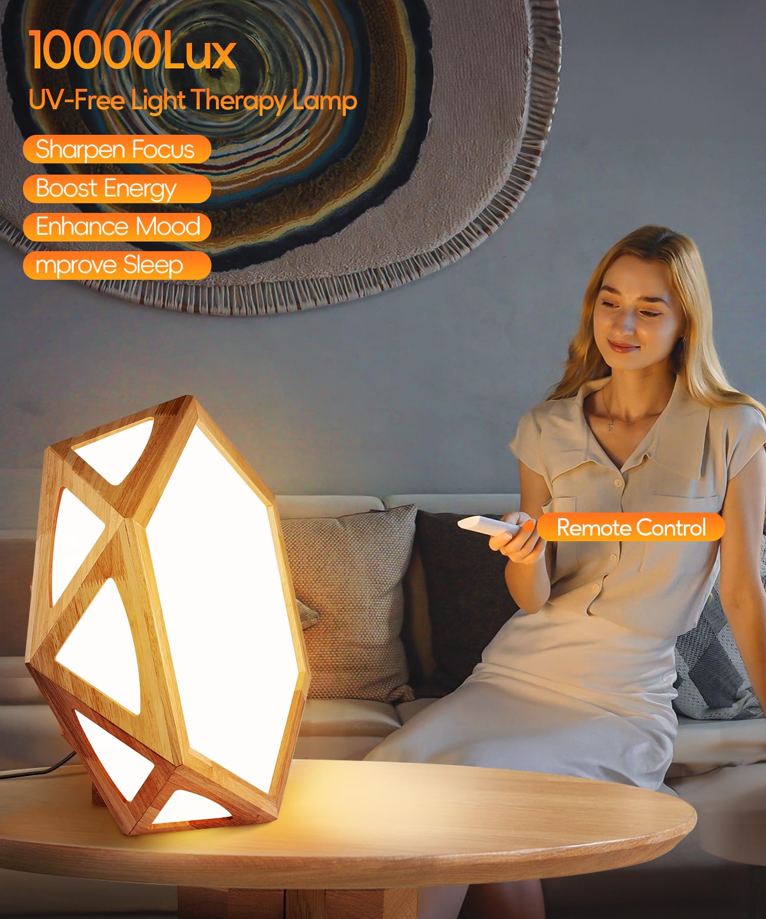 HIBOITEC Light Therapy Lamp side view, wooden frame; soft, glare-free lighting for focus.